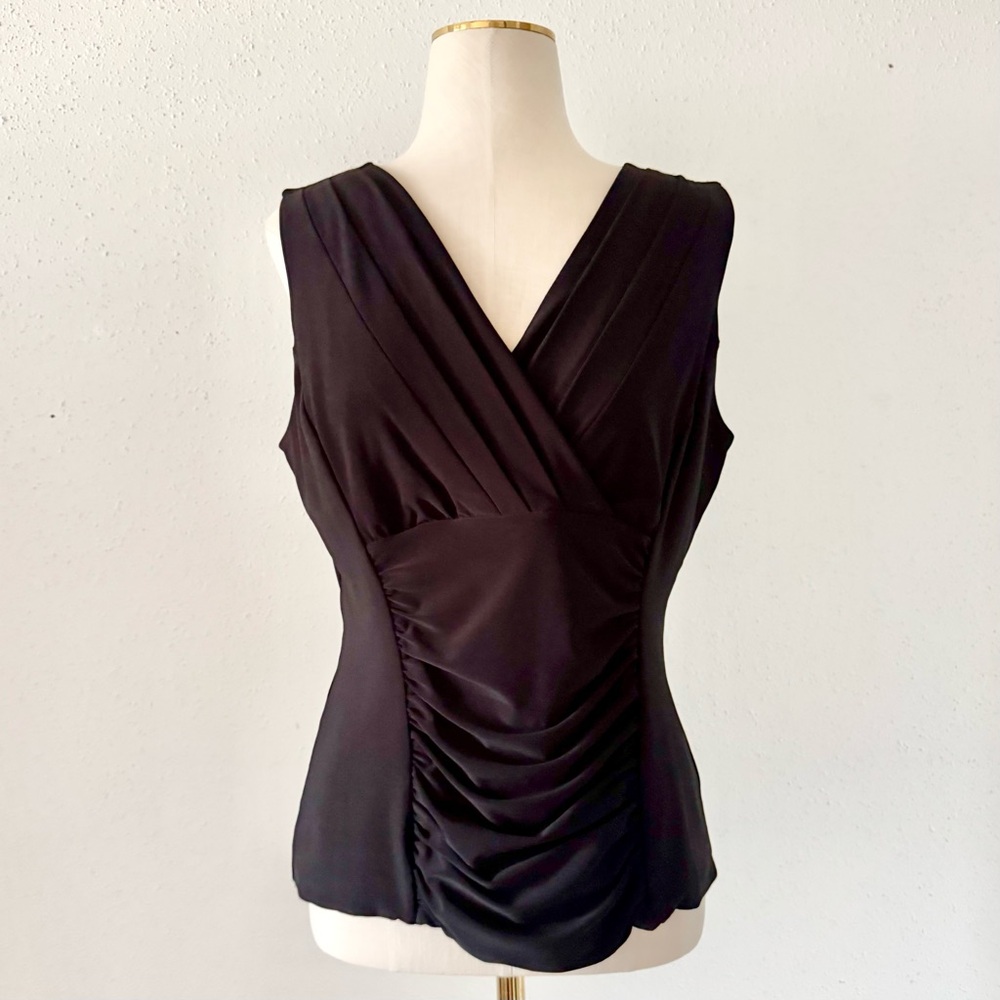 WHBM Pleated V-Neck Sleeveless Top with Ruched Front Black Women's Size Medium M